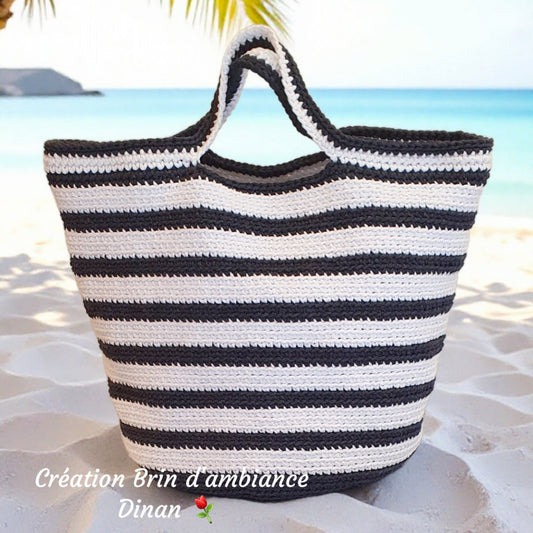 Sac de plage fait-main au crochet- Bleu marine et blanc