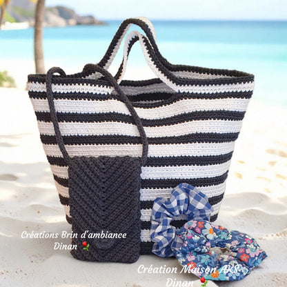 Sac de plage fait-main au crochet- Bleu marine et blanc