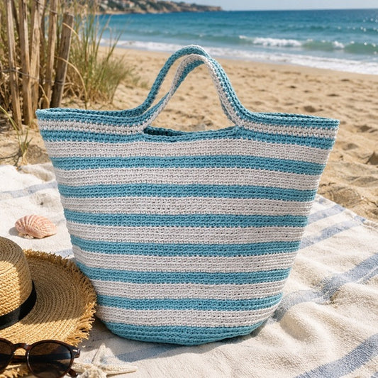 Sac de plage fait-main au crochet- Bleu jeans et écru