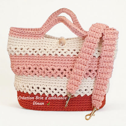 Petit sac au crochet rose, écru et terracotta - Fait-main