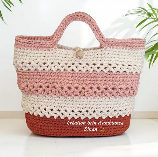 Petit sac au crochet rose, écru et terracotta - Fait-main