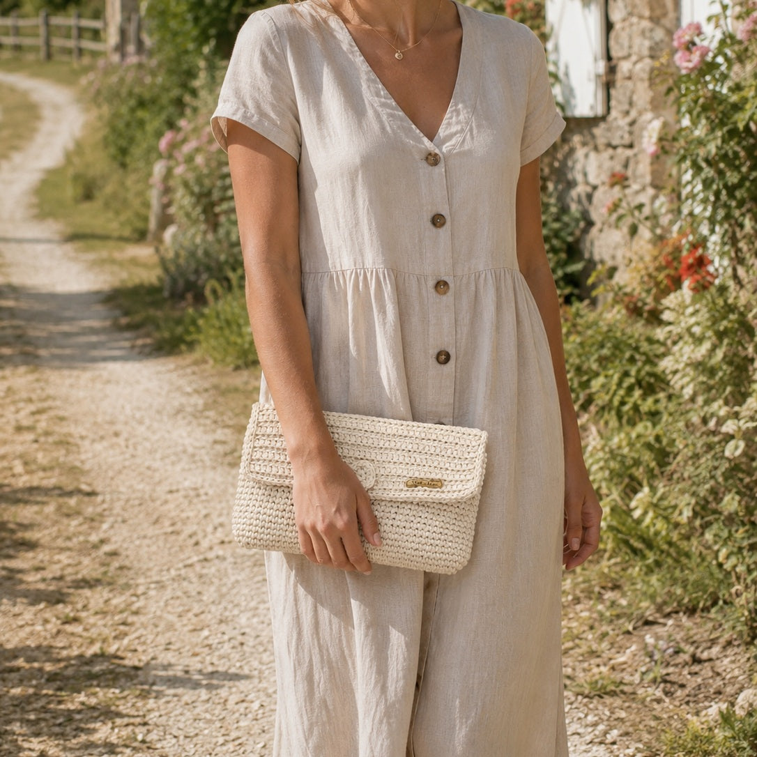 Grande pochette au crochet en coton écru