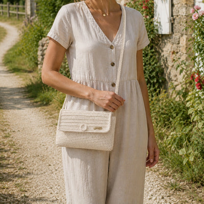 Grande pochette au crochet en coton écru