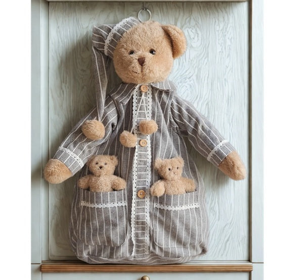 Range pyjama tête d'ours et tissu rayé gris et blanc