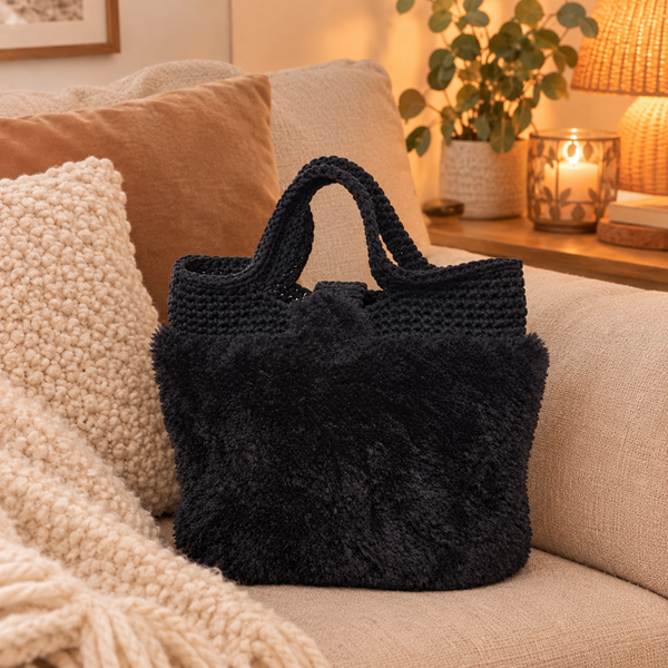 Sac à main au crochet en fourrure noire (anse intégrée)
