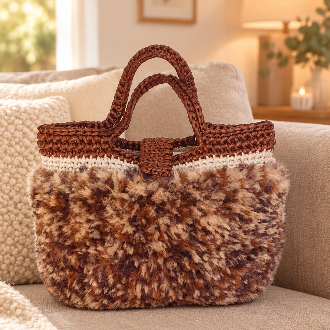 Sac à main au crochet en fourrure fauve et simili cuir marron