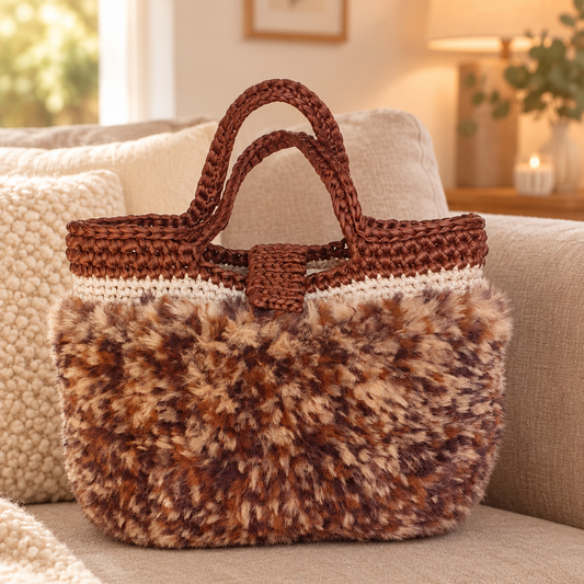 Sac à main au crochet en fourrure fauve et simili cuir marron