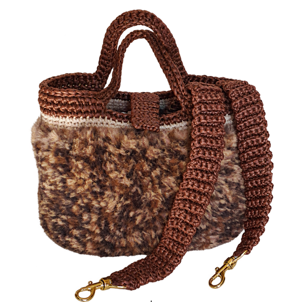 Sac à main au crochet en fourrure fauve et simili cuir marron