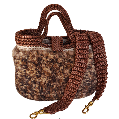 Sac à main au crochet en fourrure fauve et simili cuir marron
