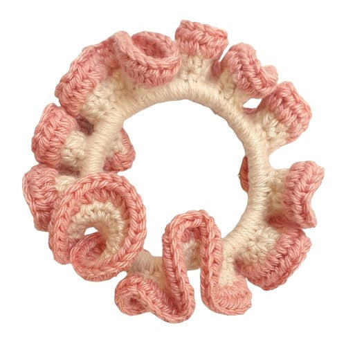 Chouchou au crochet écru et rose saumon - 8cm