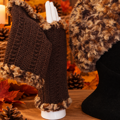 Mitaines marrons et bordure en fourrure - Fait main au crochet