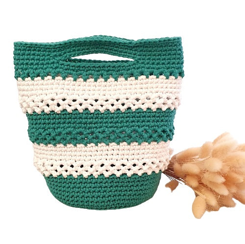 Panier rond au crochet - Turquoise et blanc - Fait-main
