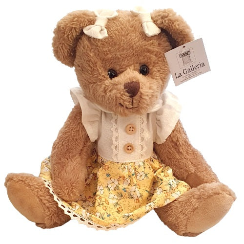 Oursonne en peluche robe jaune à fleurs